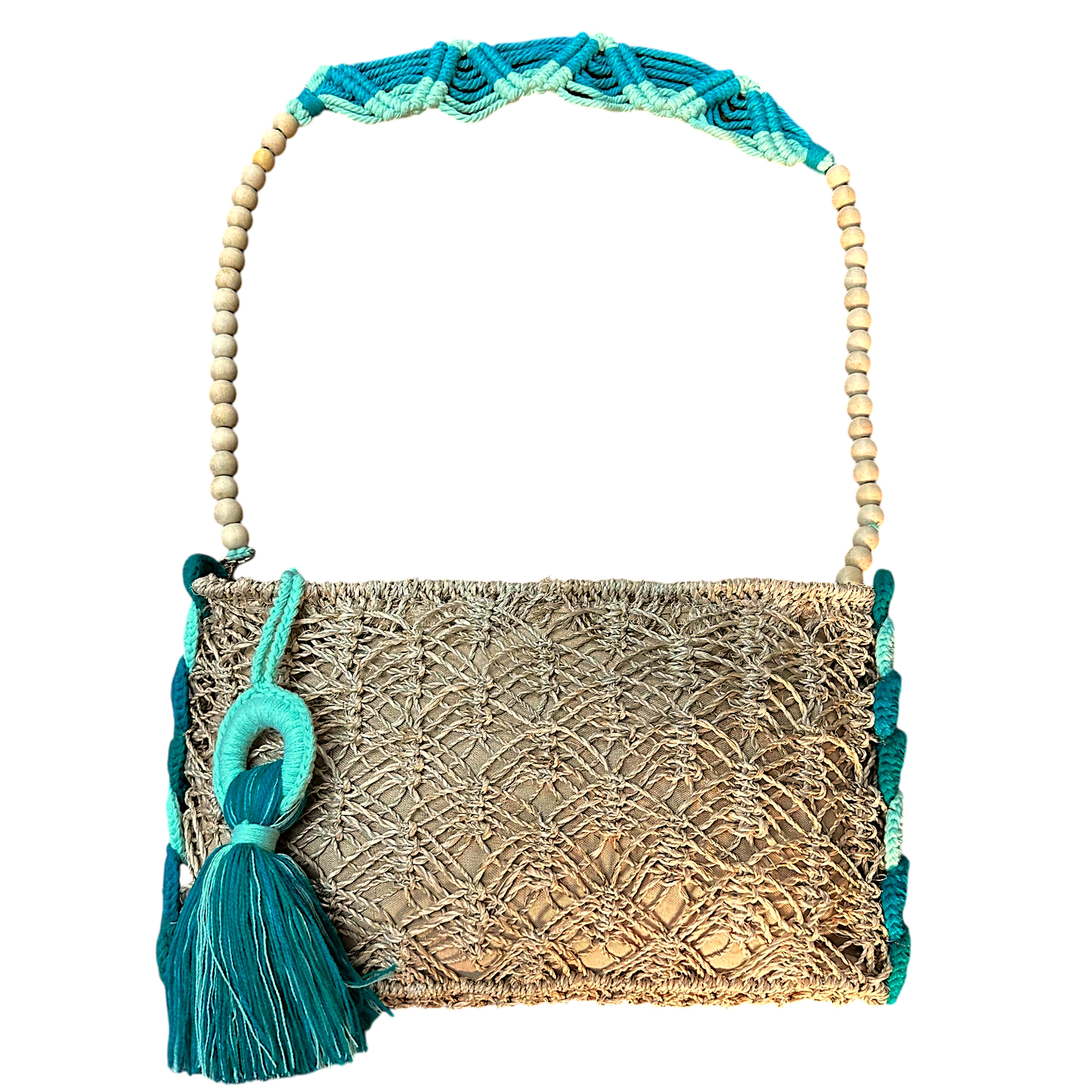 Abaca Mermaid Bag Teal – Handmade Macramé Sling Bag with Tassel & Wooden Beads