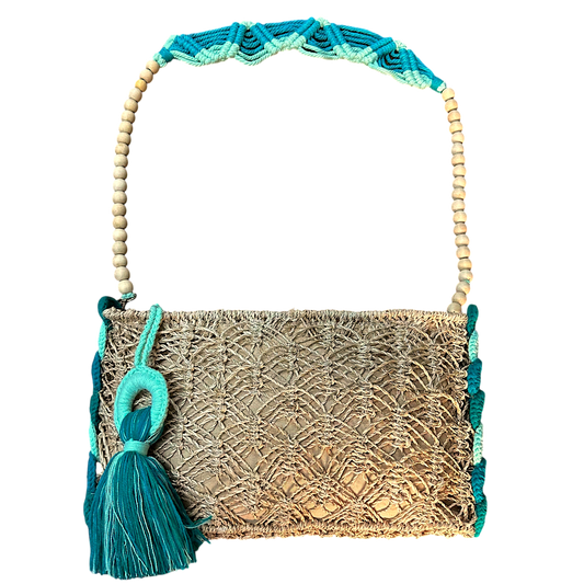 Abaca Mermaid Bag Teal – Handmade Macramé Sling Bag with Tassel & Wooden Beads