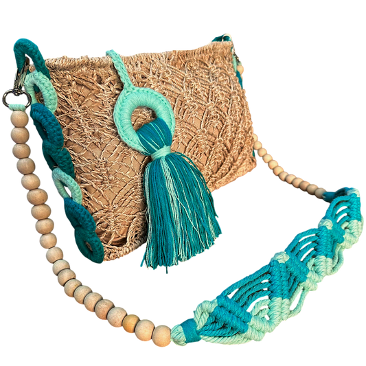 Abaca Mermaid Bag Teal – Handmade Macramé Sling Bag with Tassel & Wooden Beads
