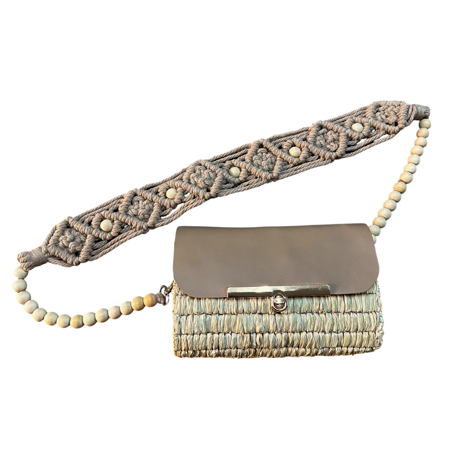 Skin Macramé Beaded Strap Bag – Handmade Raffia Crossbody with Real Leather Flap