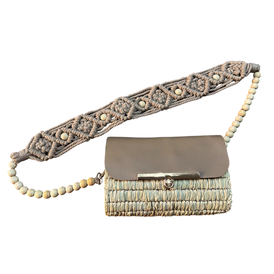 Skin Macramé Beaded Strap Bag – Handmade Raffia Crossbody with Real Leather Flap