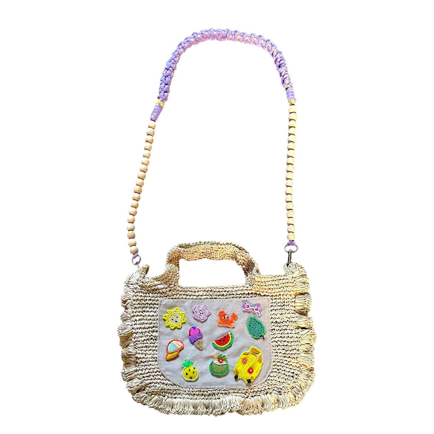 Asik-Asik Raffia Crochet Bag – Handmade Sling Bag with Embroidered Cat Patches & Wooden Beads