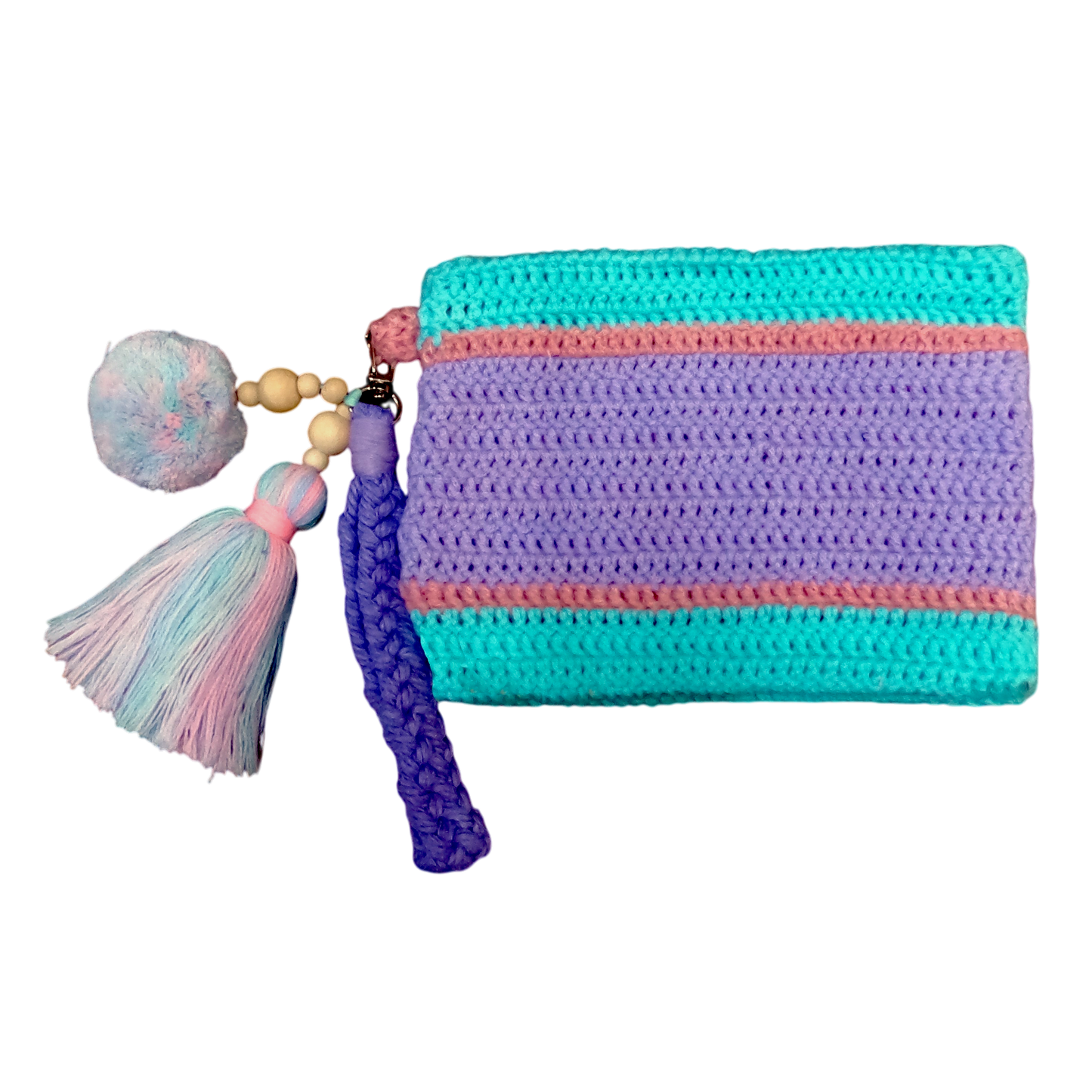 Crochet Pouch Bag with Macramé Hand Sling – Tassel & Pom-Pom Wristlet
