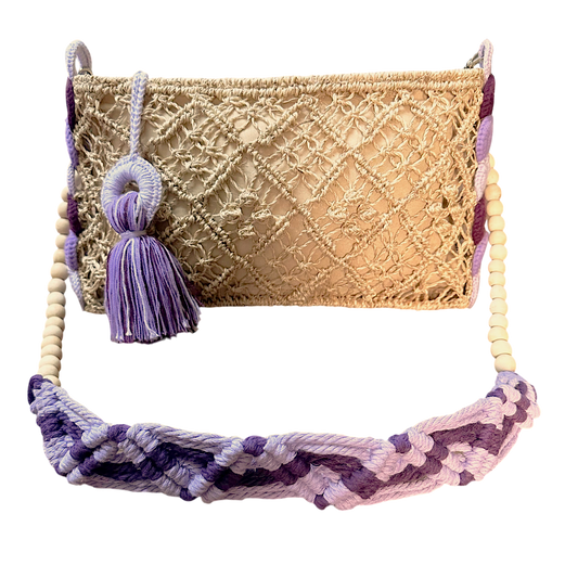 Abaca Mermaid Bag Violet – Handmade Macramé Sling Bag with Tassel & Wooden Beads