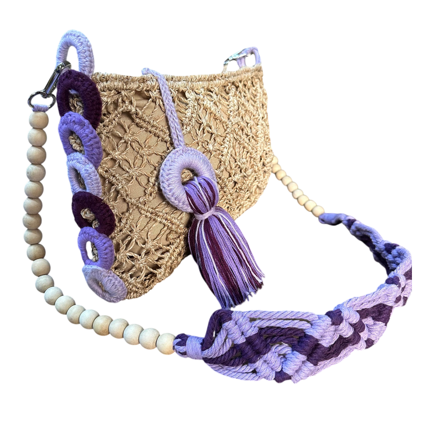 Abaca Mermaid Bag Violet – Handmade Macramé Sling Bag with Tassel & Wooden Beads