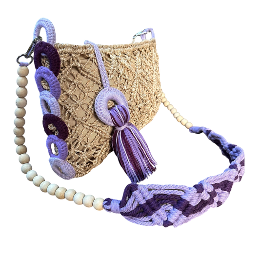 Abaca Mermaid Bag Violet – Handmade Macramé Sling Bag with Tassel & Wooden Beads