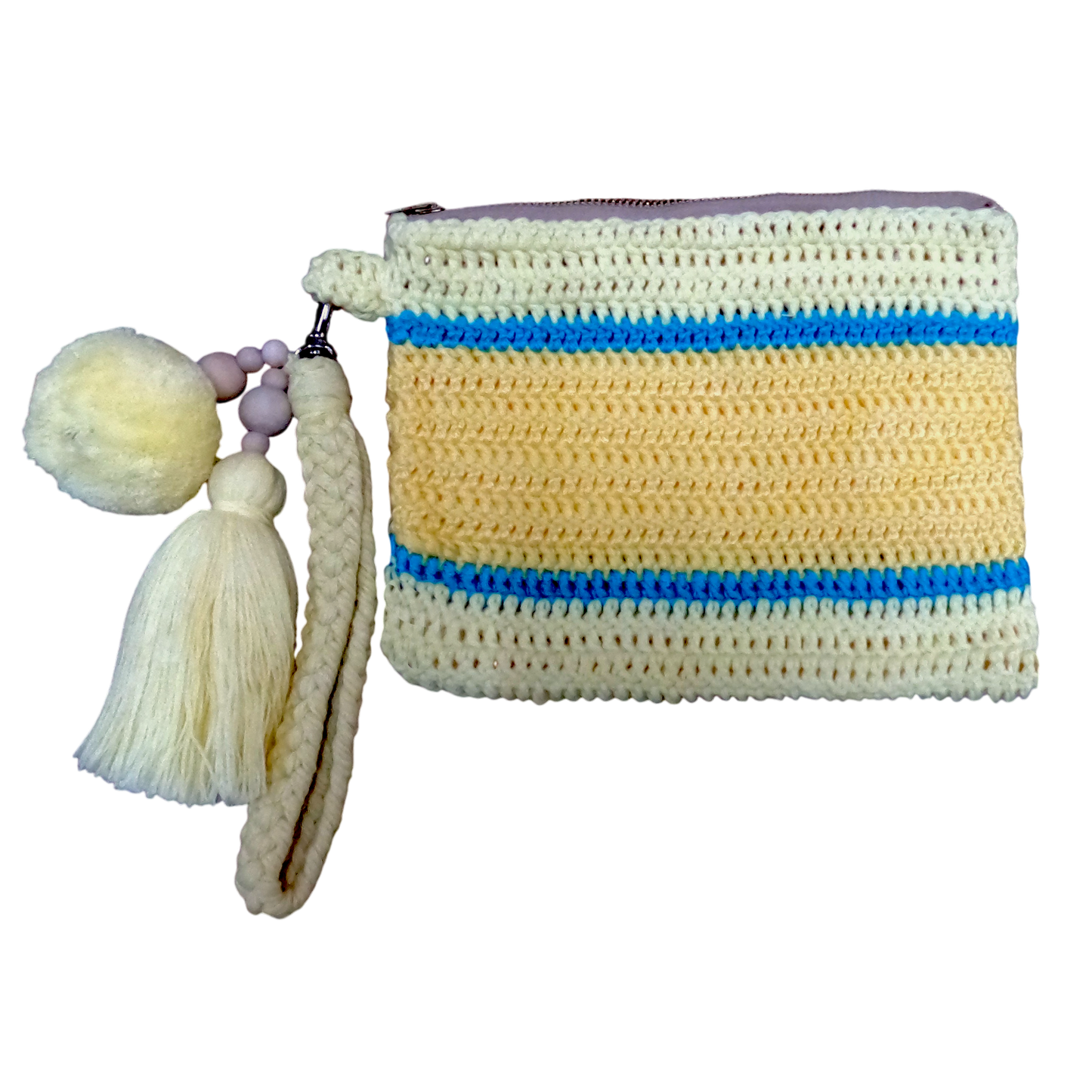 Crochet Pouch Bag with Macramé Hand Sling – Tassel & Pom-Pom Wristlet