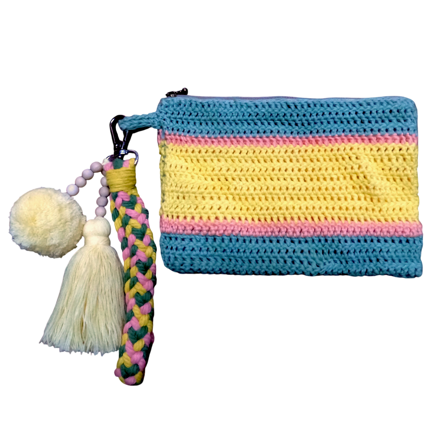 Crochet Pouch Bag with Macramé Hand Sling – Tassel & Pom-Pom Wristlet