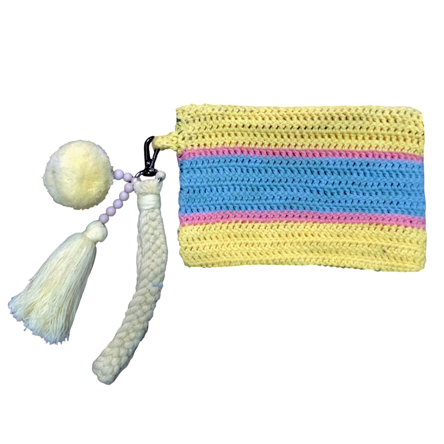 Crochet Pouch Bag with Macramé Hand Sling – Tassel & Pom-Pom Wristlet