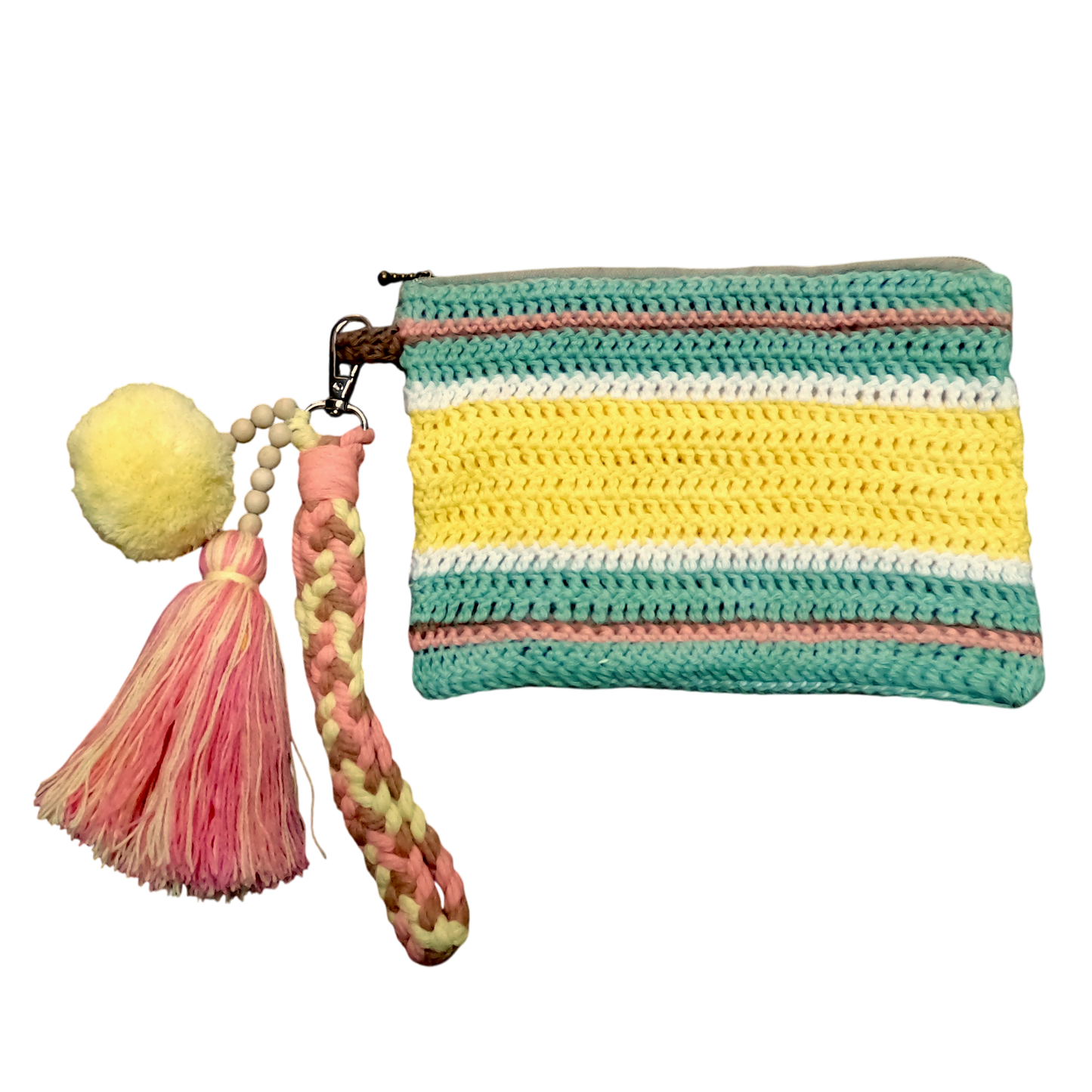 Crochet Pouch Bag with Macramé Hand Sling – Tassel & Pom-Pom Wristlet
